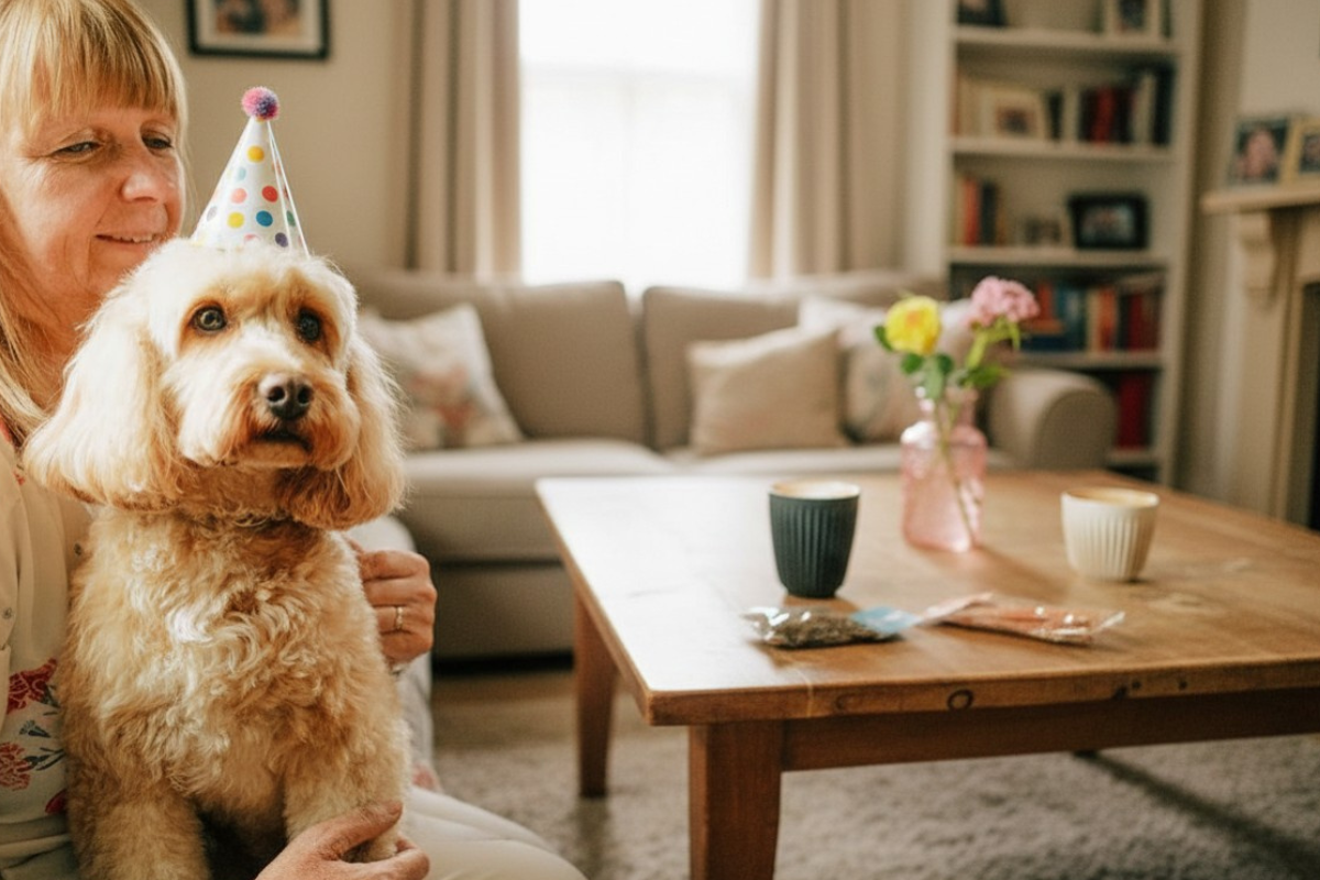 Dog wearing a birthday hat beside Dewkes treats