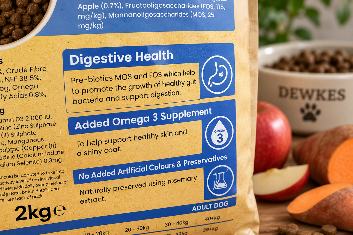 Dog food label highlighting MOS and FOS for digestive health