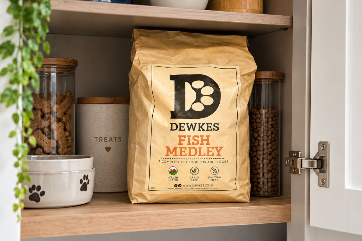 Bag of dry dog food stored safely in a kitchen cupboard