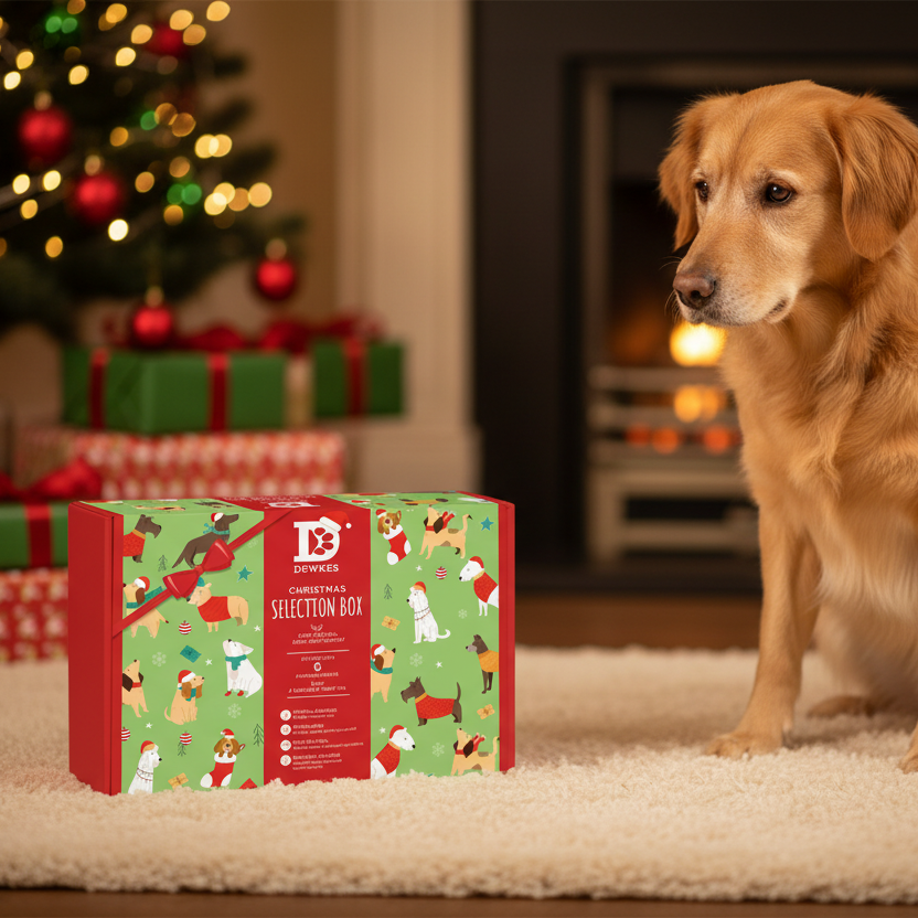 Dog Sitting next to a Dewkes Christmas Selection Box