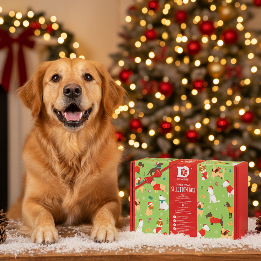 Dog sitting next to a Christmas-themed box with a decorated tree in the background