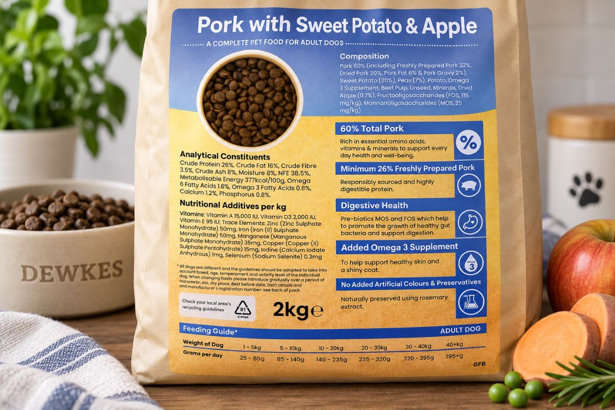 Close-up of a dog food ingredients label