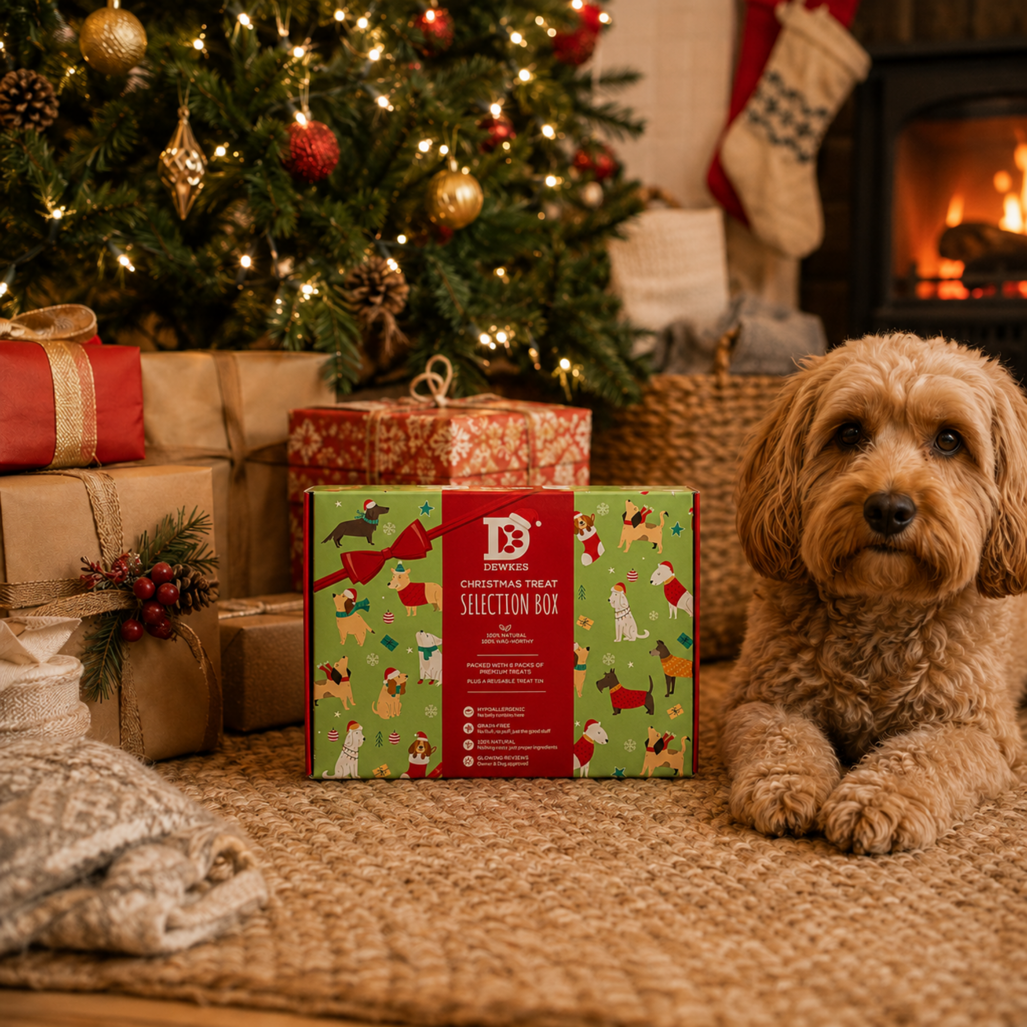 A dog-themed Christmas treat selection box from Dewkes sits on a woven rug in a cozy holiday setting, with a small fluffy dog lying beside it, a decorated Christmas tree, wrapped gifts, stockings, and a warm fireplace in the background.